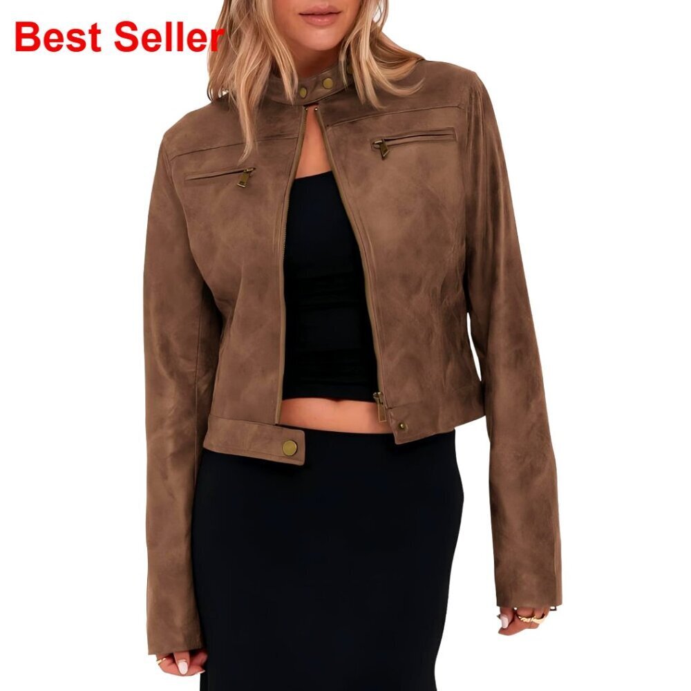 Faux Leather Cropped Jacket Vintage Motorcycle Zip Up Stand Collar